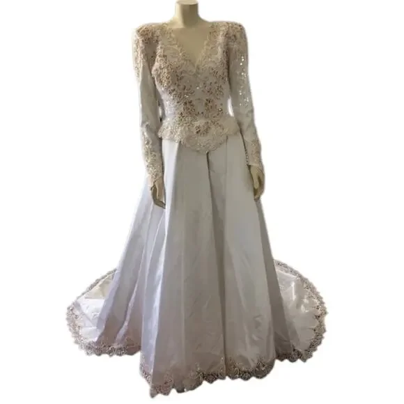 Vintage wedding sequenced dress with detachable skirt & train Ivory gold medium - Picture 3 of 17